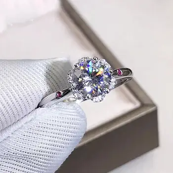 

Fashion flower crystal 2 carats zircon diamonds gemstones rings for women white gold silver color jewelry bague wedding gifts
