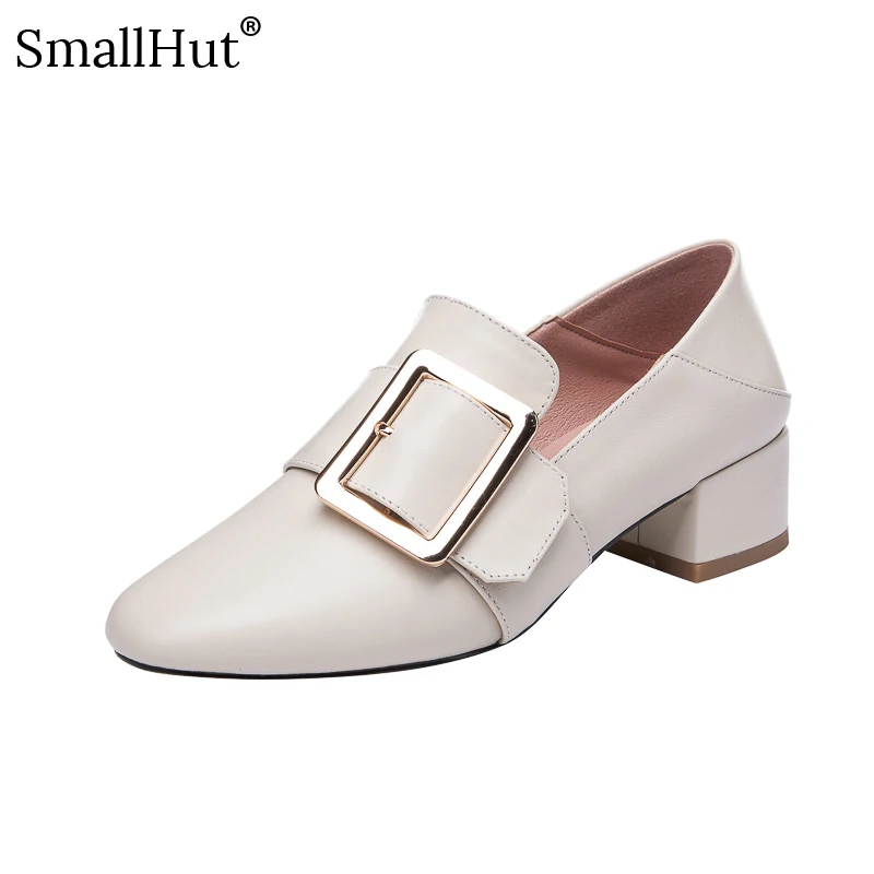 

Genuine Cow Leather Pumps Mid Heel Women G061 Spring Fashion Lady Black Beige Round Toe Shallow Metal Decoration Woman Shoes
