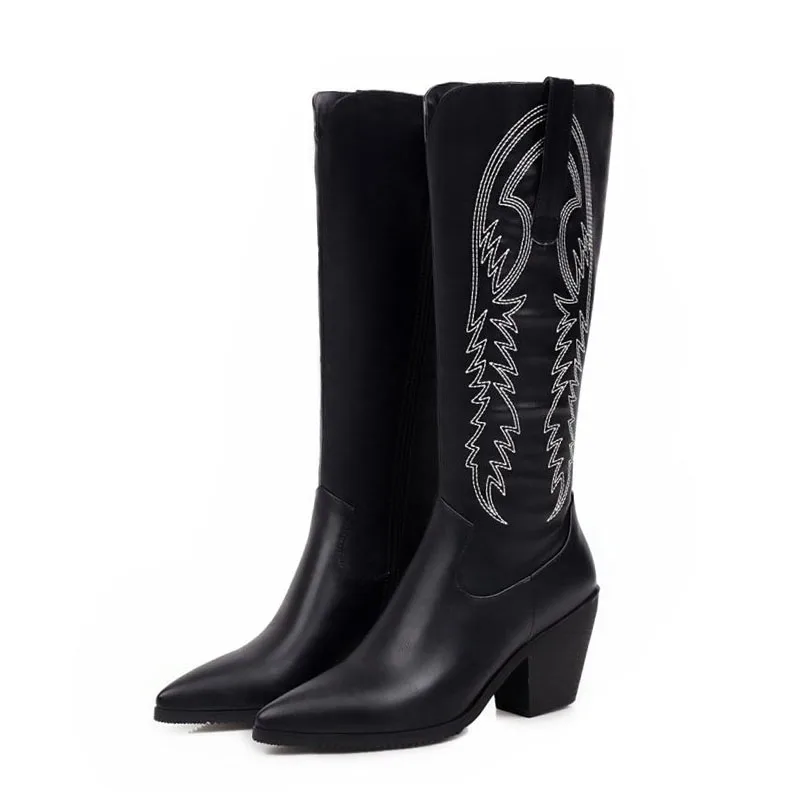 RizaBina Plus Size 31-47 Knee High Boots For Women Winter Keep Warm Fur Zipper Pointed Toe High Heel Boots Western Shoes Women