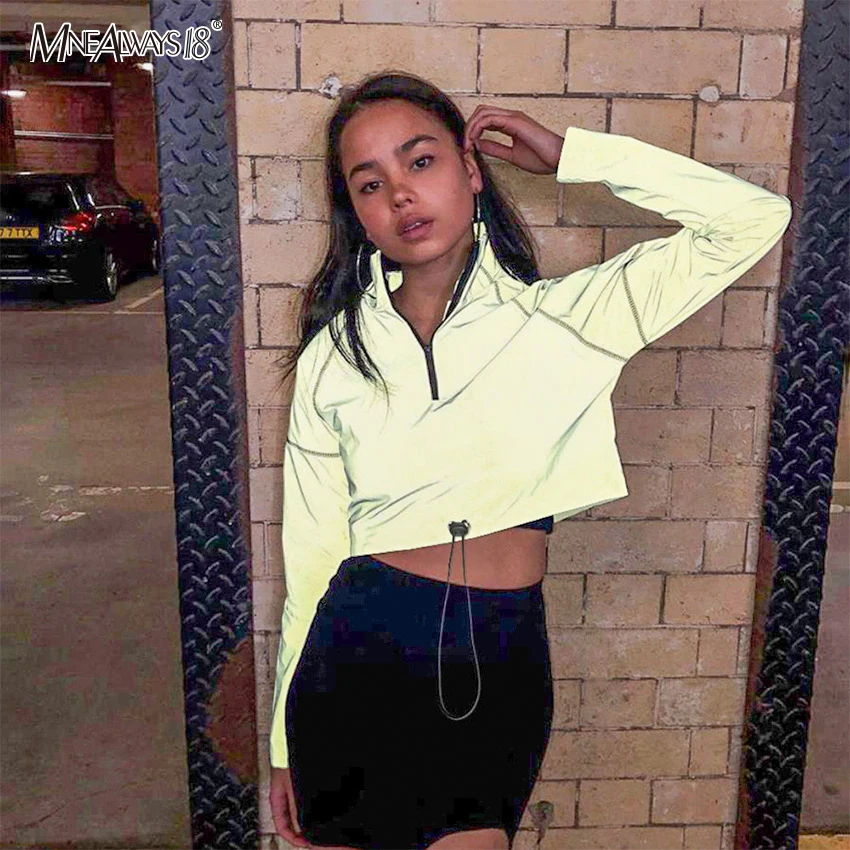 

Mnealways18 Reflective Jacket Women Long Sleeve Turtleneck Crop Top Zipper Drawstring Jacket 2019 Autumn Fashion Gray Coat Neon