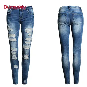 

Dunayskiy Skinny Slim Stretched Women Jeans Low Waist Ripped Hole Boyfriend Denim Jeans Pencil Pants Trousers Vintage Bleached
