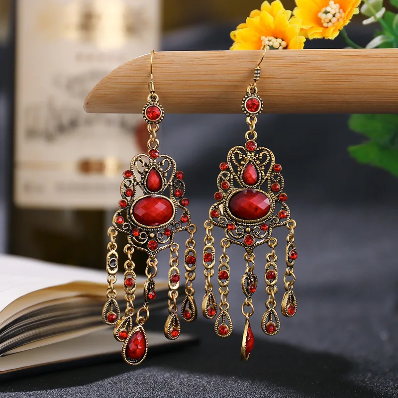 Antique Women Bollywood Alloy Hollow Indian Jhumka Earrings Gypsy Jewelry Boho Ethnic Red Gem Stone Tassel Dangle Wedding Earing
