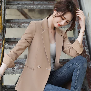 

Pink elegant Office Jacket High Quality Fashion Women Long Blazer Casual Wear ladies Top with Pocket Plus Size Single Breasted