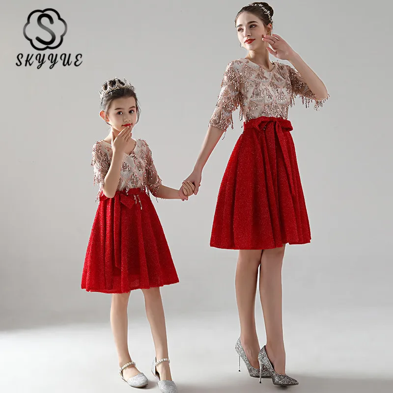 Parent-child Set FB114 Sequined Tassel Prom Dress V-Neck Half Sleeve Formal Party Dresses A-Line Mother And Daughter | Свадьбы и