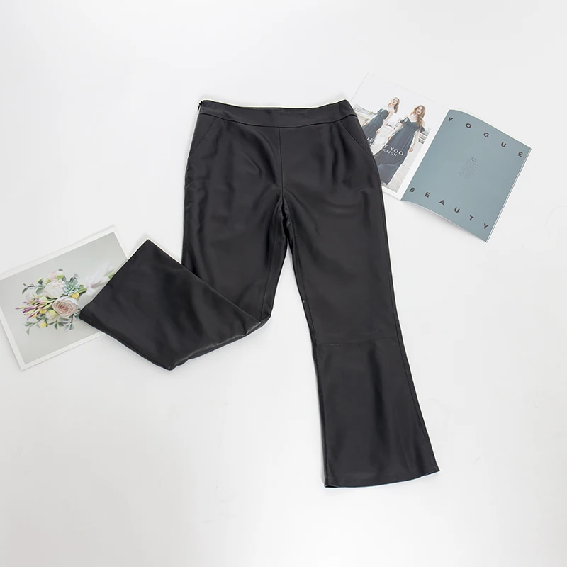 Genuine leather pants women flare pants black sheepskin bell bottom pants fashion office ladies trousers women