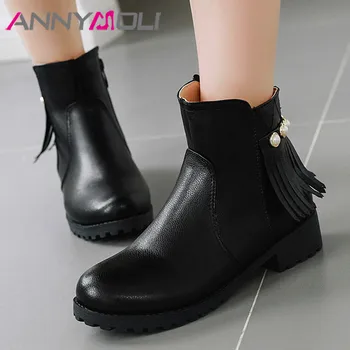 

ANNYMOLI Med Heel Ankle Boots Woman Pearl Block Heel Shoes Fringe Short Boots Zip Round Toe Female Footwear Autumn Winter 33-43