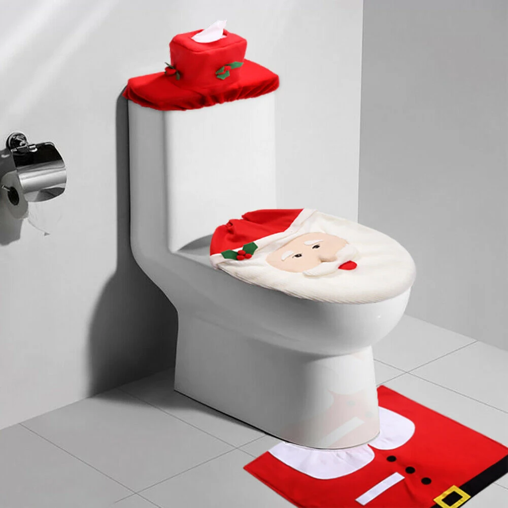 Christmas Bathroom Bath Mat Set Anti Slip Toilet Rugs Lid Tissue Cover Household Personalized Printing Santa Shower Carpets Set