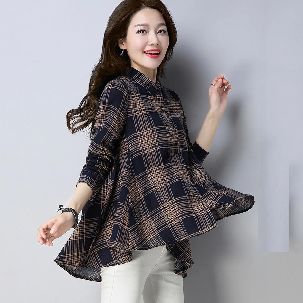 Chiffon Long Sleeve Butterfly Women Shirts Print Plaid Turndown Collar Button Casual Tops Irregular Wild Spring Shirt | Женская одежда
