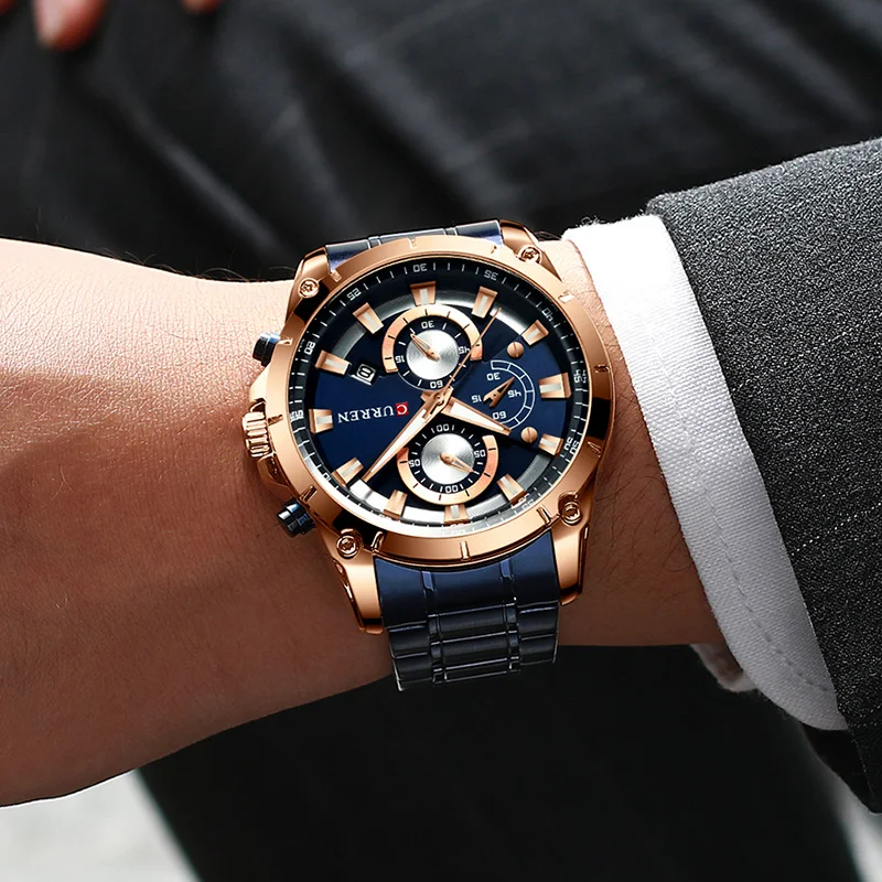 CURREN Синий циферблат Мужские часы Хронограф Мужские спортивные часы Креативный дизайн с датами мужские наручные часы из нержавеющей стали