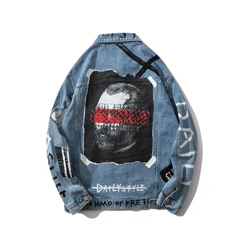

Harajuku Letter Character Mens Jeans Jacket Oversize Hip Hop Blue Jaqueta Masculino Denim Jacket Chaqueta Hombre Bomber Jacket