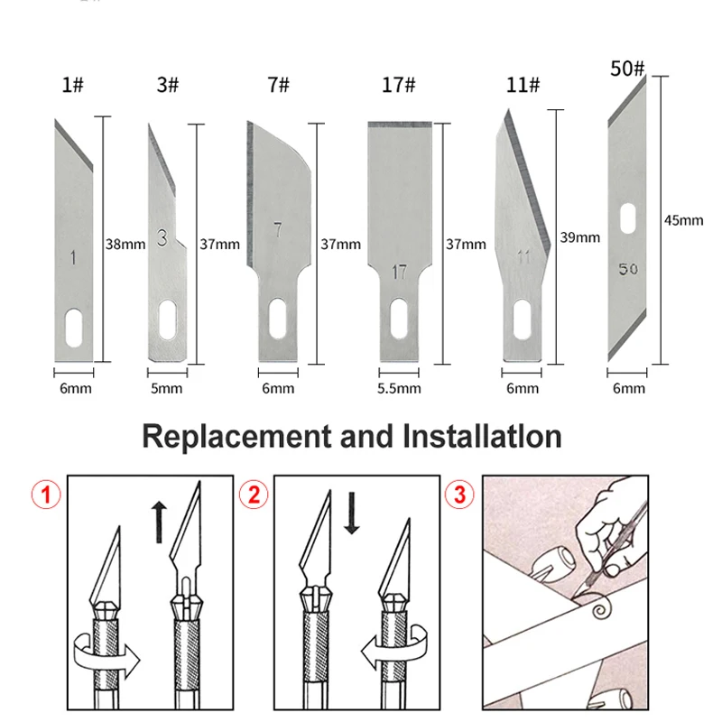 

5PCS/Set Precision Steel Blade Engraving Sculpture Knife Scalpel Cutting Tool for PCB Repair 1# 3# 7# 11# 17# 50#