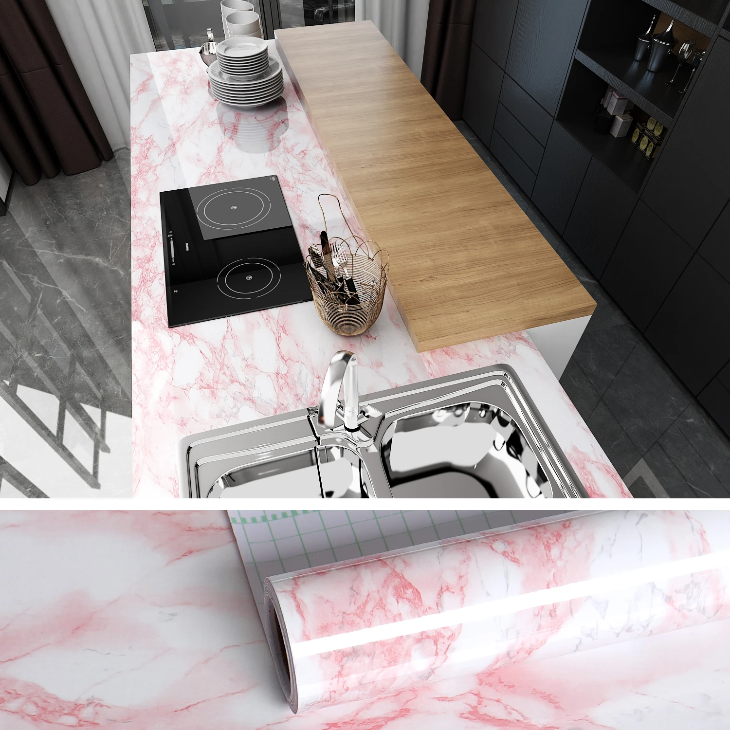 Pink Marble Wallpapers Stick and Peel Stickers Self Adhesive Removable Waterproof Wall Covering Table Countertop Cabinet Drawer expandable invisible table organizer drawer space saving under desk organizer table storage box self adhesive tray for room