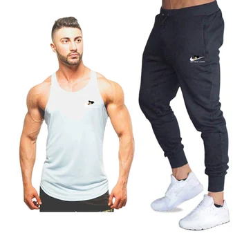 

New fashion cotton sleeveless shirts tank top+Pants men Fitness shirt mens singlet Bodybuilding workout gyms vest fitness Sets