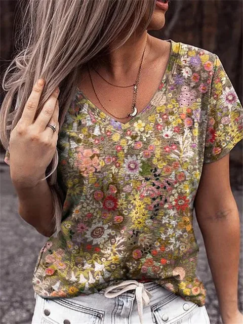 Summer Casual Tee Short Sleeve Women T Shirts Flower Print Street Tops Female V Neck Loose