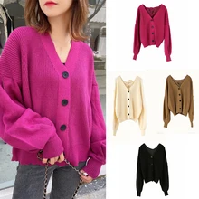 Za 2019 fashion Women Sweater Autumn Solid V-Neck Chic Single Breasted Cardigan Puff Sleeve Loose Knitting Warm Sweaters Female