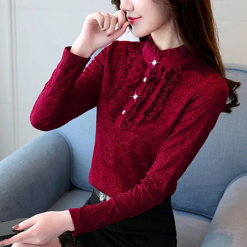 

2020 Autumn Women Velvet Lace Bottoming Shirt Feminine Long sleeved Buttons Blusas Fungus Folds Tops & Blouses Plus Size 5XL