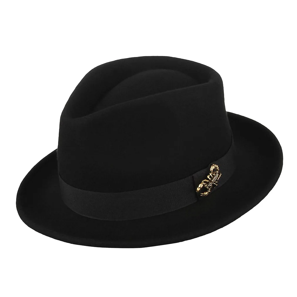 

New Men's Retro Scorpion Black Fedoras Hat Male Wool Gentlemen's Jazz Fedora Cap Church Party Banquet Fashion Vintage Hats H7212