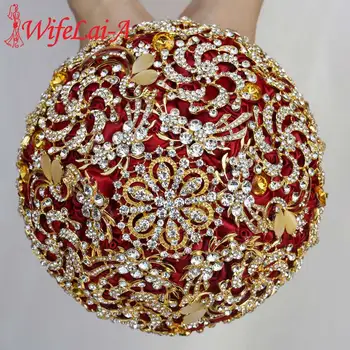 

WifeLai-A luxury Full Diamond Bride's Bouquet Golden Rhinestones Wine Red Rose Wedding Bouquets Handmade Buquet de noiva W888G