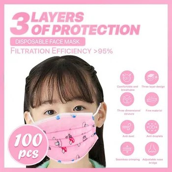 

100PC Children Disposable Foggy Haze Face Masks 3 Layer Anti-Dust Pollution Masks Fabric Meltblown Dustproof Cartoon colour Mask