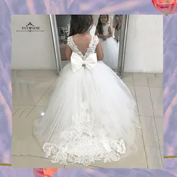 FATAPAESE Flowers Gril Dress Camellia Gowns Appqulies Beads Bow With Long Train Backless Buttons Wedddding Party Ball Gown TUTU
