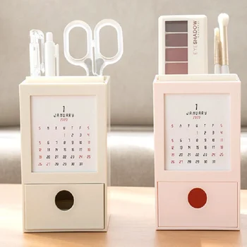

Desk Calendar Storage Box Plastic Pen Pencil Holder Makeup Brush Stationery Organizer Desktop Ornament Home Office Organization