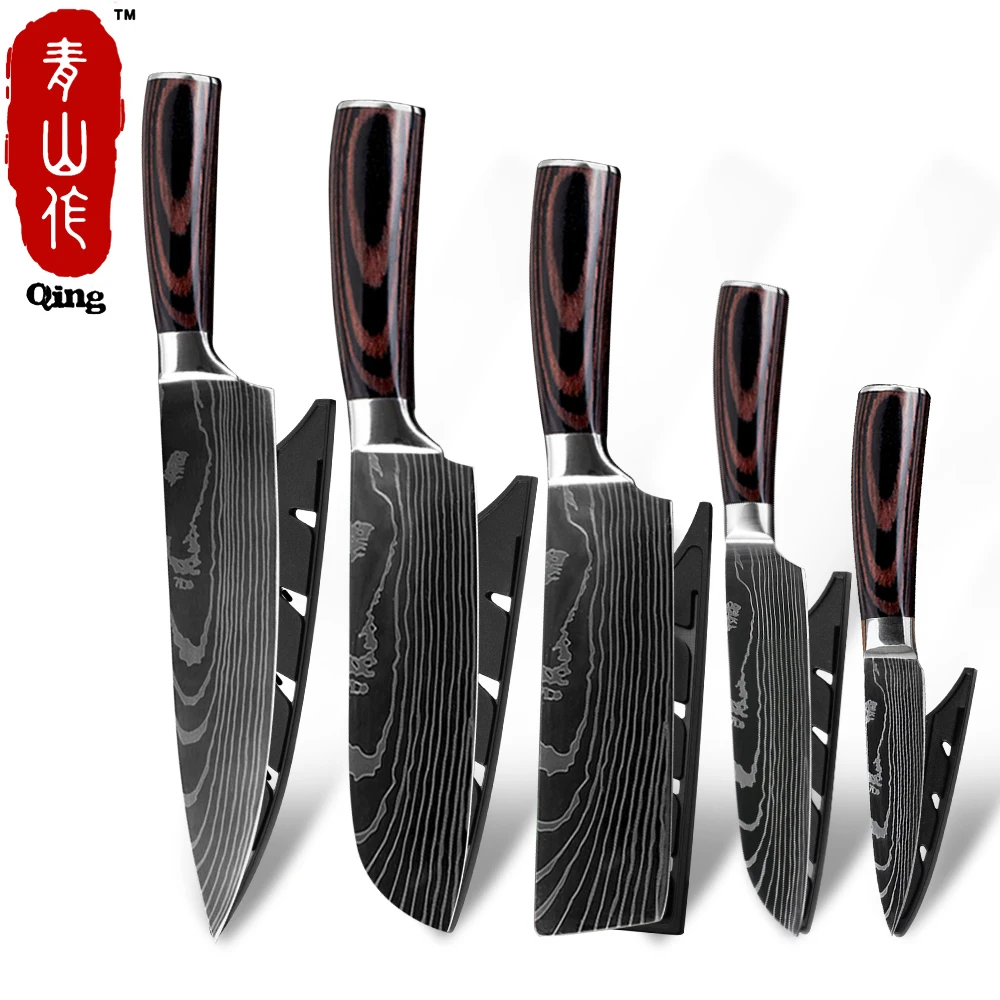 Qing Quality Chef Knife 7CR17 High Carbon Stainless Steel Japanese Series Damascus Laser Pattern 8" 7" 5" 3.5" Kitchen Knife - Color: 5 piece set