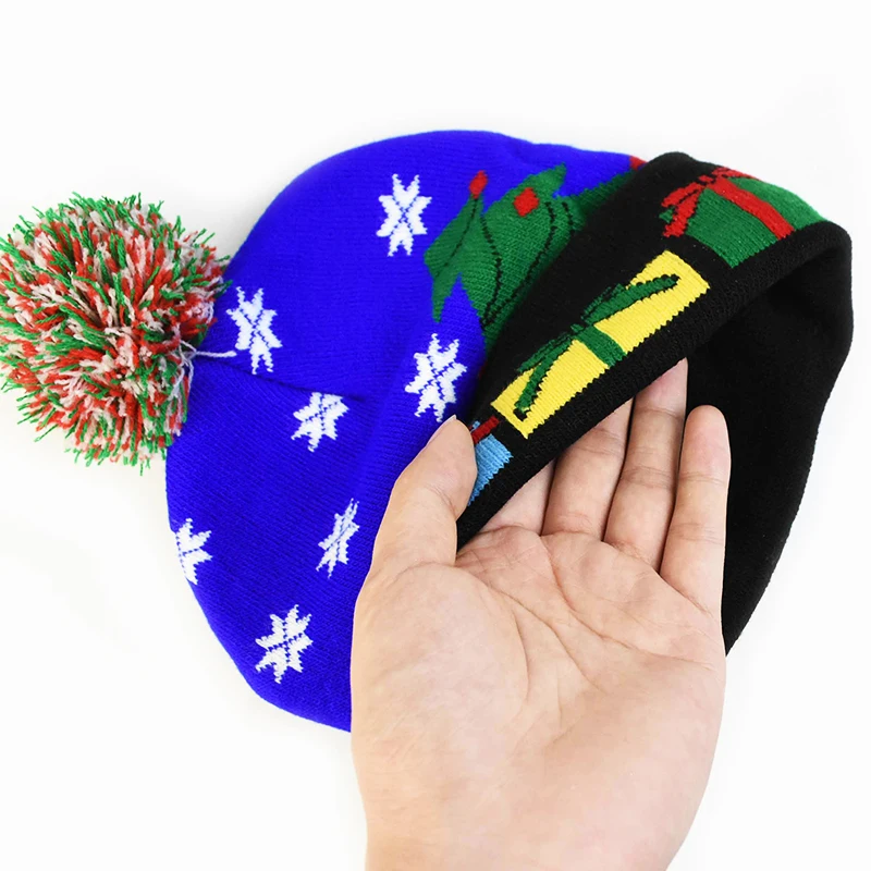 1Pc LED Christmas Hats Sweater Knitted Beanie Christmas Santa Light Up Winter Hat for Kids Adults Party Warmer Cap