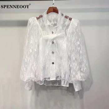 

SPENNEOOY Designer Custom Runway Summer Women White Lace Mesh Sheer Sexy Shirt Ladies Bow Tie Button Glamorous Blouse Tops