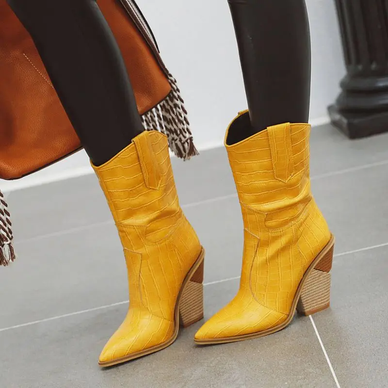 KemeKiss/размеры 34-48; полусапожки; женская зимняя обувь на высоком каблуке; ковбойские ботинки; пикантная Осенняя обувь с острым носком