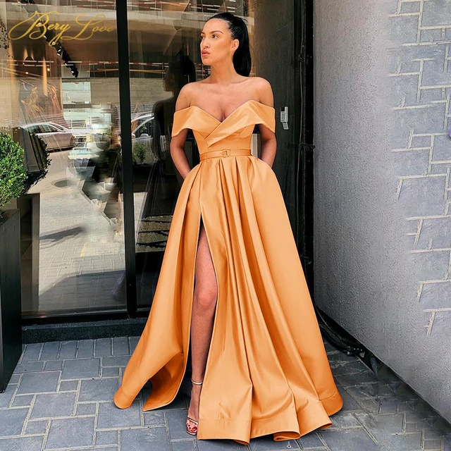 Off Shoulder Satin Evening Dresses Long Sexy High Slit Evening Gown Elegant High Waist Prom Dress Robe De Soiree Orange