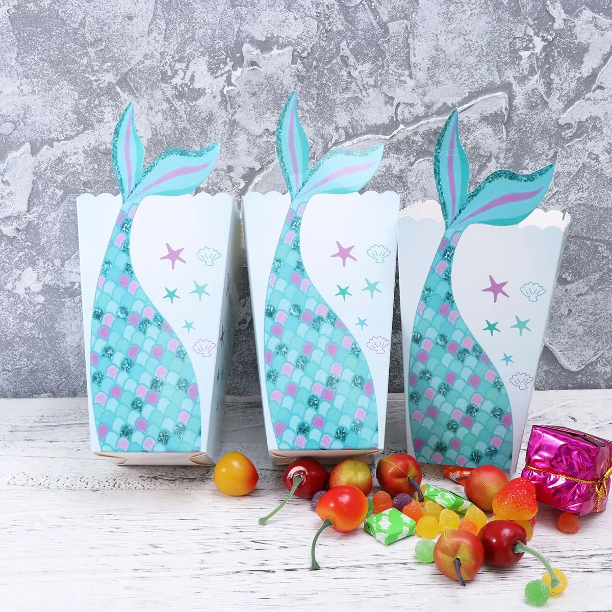 24pcs Mermaid Paper Popcorn Boxes Bags Cute Popcorn Box Party Supplies Snack Treat Box Container Birthday Baby Shower Wedding