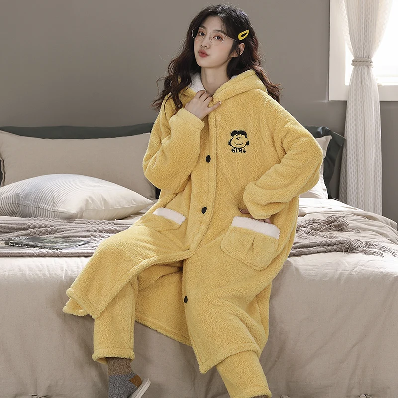 Pajamas Women's Autumn and Winter Coral Fleece Thickened Fleece Bathrobe Extended Nightgown Cute Cartoon Flannel Homewear