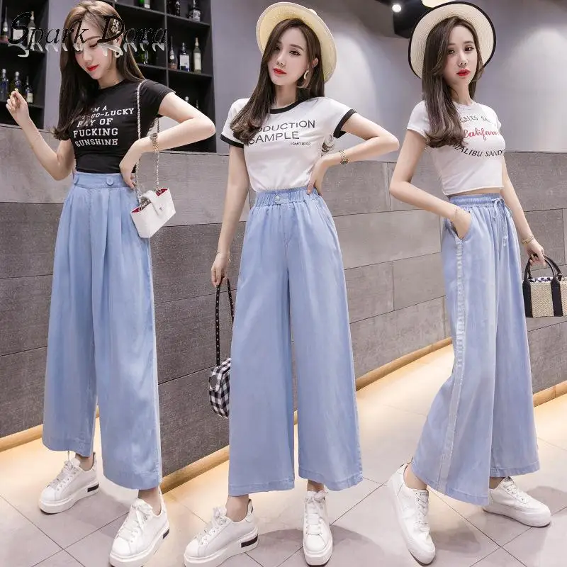 

SparkDora Icy Wide Leg Jeans Spring And Summer 2020 Thin Korean Version Loose Show Thin 9-point Pants New Casual Pants S-2XL
