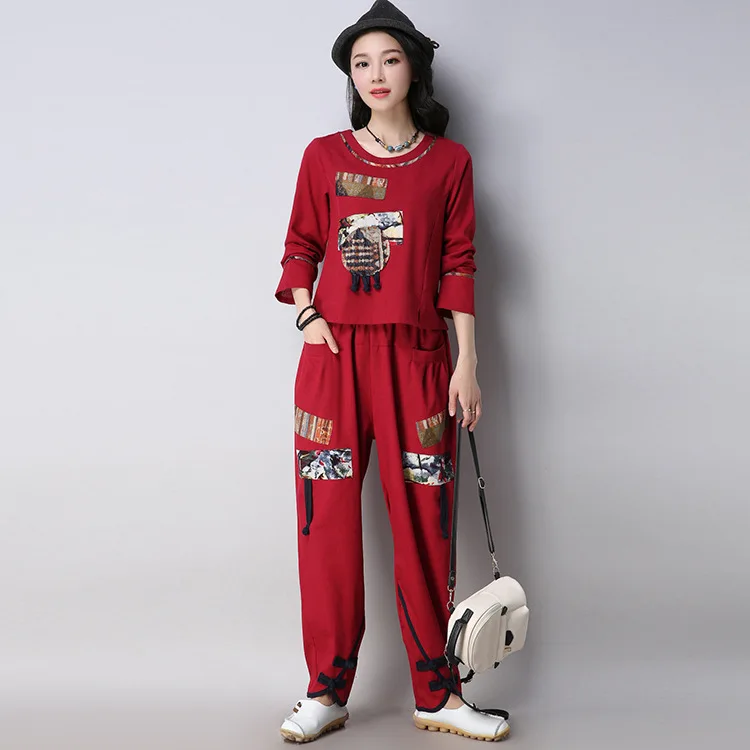

2018 Autumn New Style Ethnic-Style Loose Cotton Linen Printed Shirt Long-sleeved T-shirt + Wide-Leg Trousers Fashion Leisure Sui