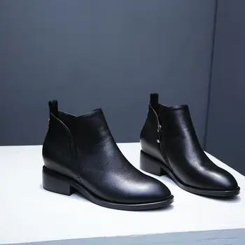 

Women's genuine leather low heel comfortable short bootiese high quality beading fema black slim ankle boots short for women hot