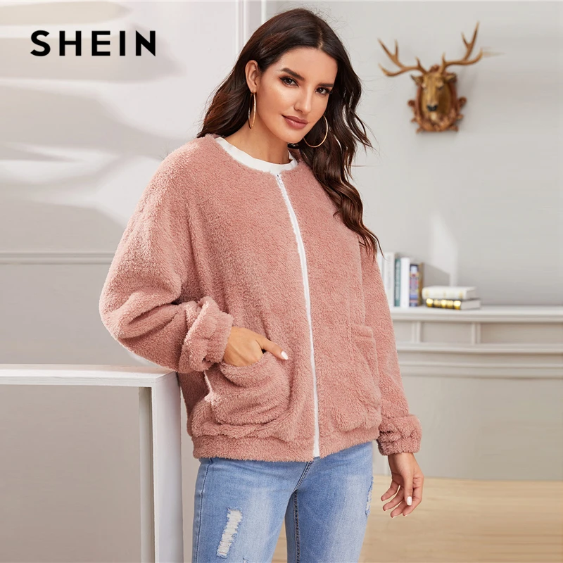 New SHEIN Pink Solid Zipper Front Casual Teddy Jacket Coat Women 2019 Winter Streetwear Long Sleeve Dou