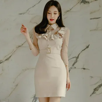 

Korea Slim Shirt Turn-Down Collar Mesh Ruffles Patchwork Bodycon Mini High Waist Solid OL Office Women Female Dress