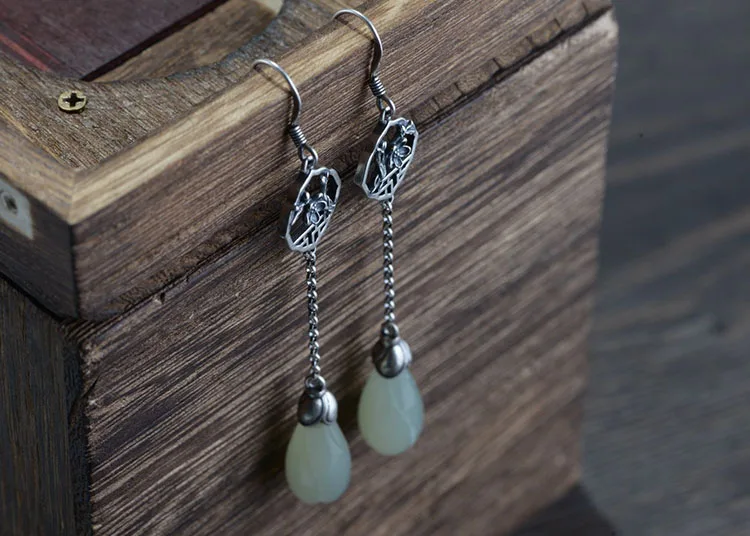 FNJ Plum blossom Earrings 925 Silver Original Pure S925 Sterling Silver Flower Jade Tassel Drop Earring for Women Jewelry