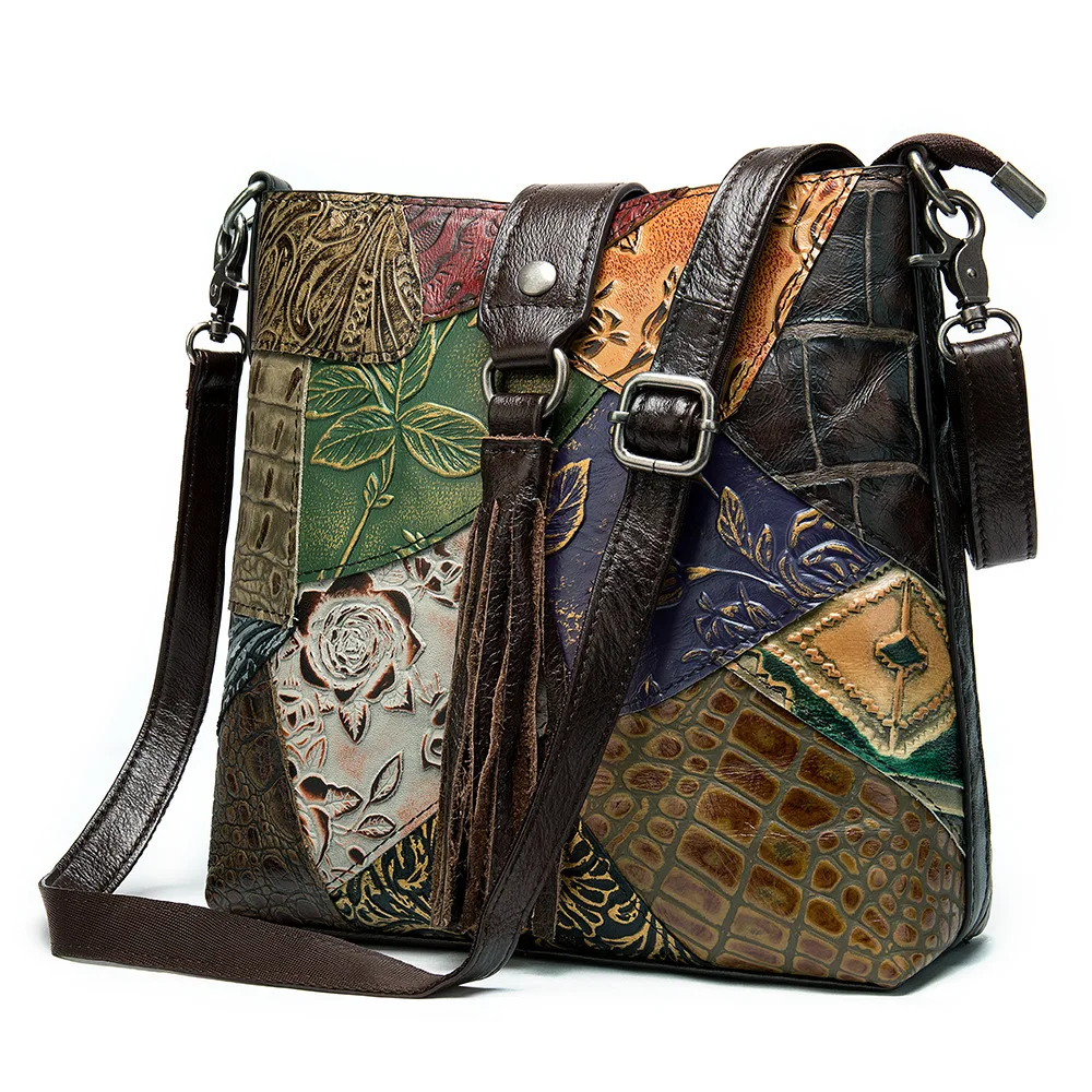 

Women Bag Bolso Mujer Tassels Patchwork Female Crossbody Bags Sac Main Femme Genuine Leather National Luxurious Shoulder Bags