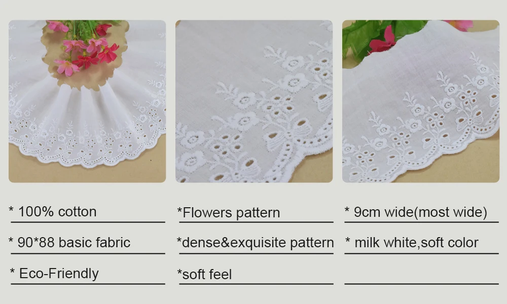9 cm Breite Baumwolle Stickerei SpitzeBlumenmuster Weiß Nähen Band Stoff DIY Kleidungsstück Hochzeit Zubehör Guipure Trim # 4244 – Detail 1