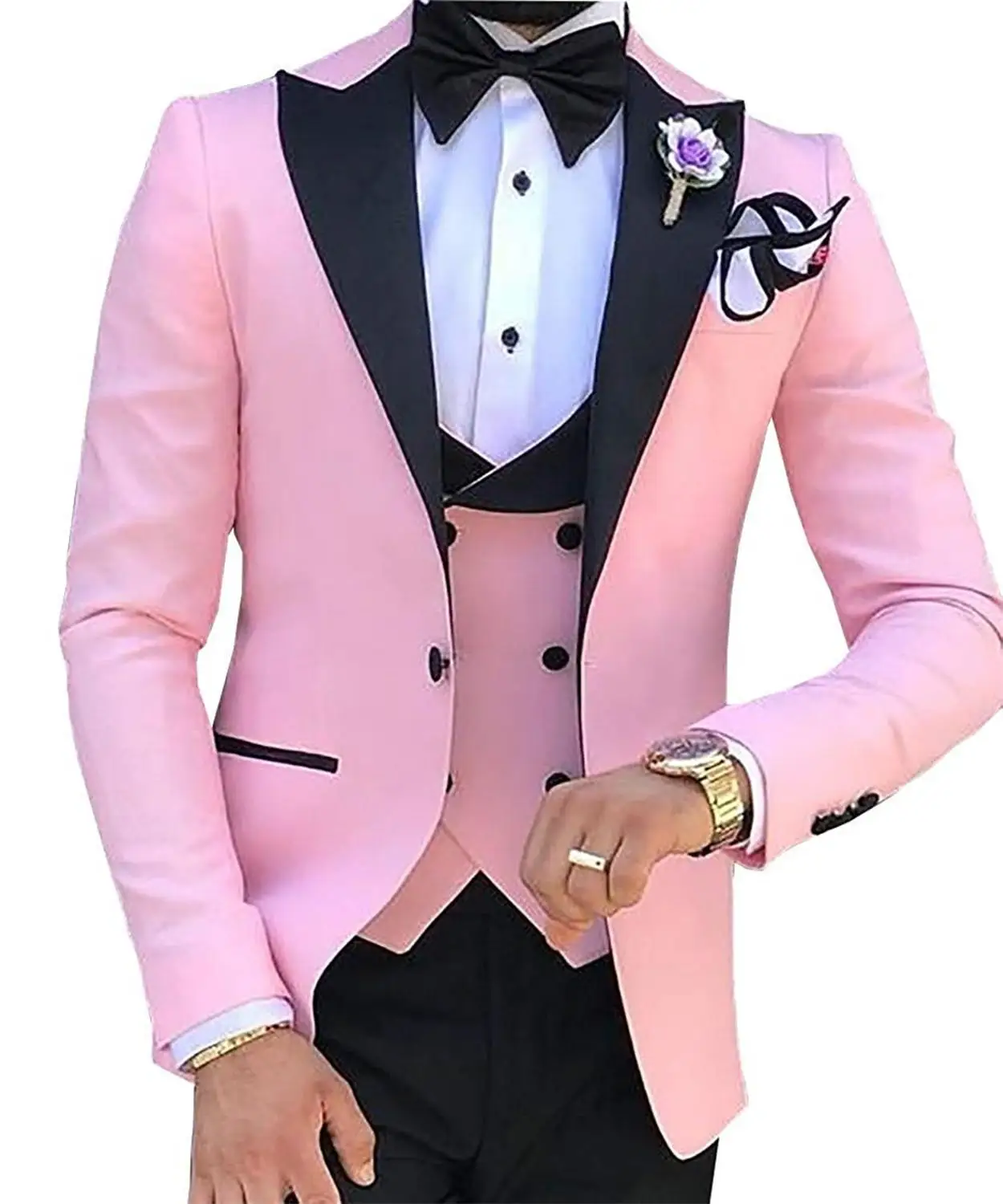 

Pink With Black Lapel Suits for Men Custom Made Terno Slim Groom Custom 3 Piece Wedding Mens Suit Masculino (Jacket+Pant+Vest)