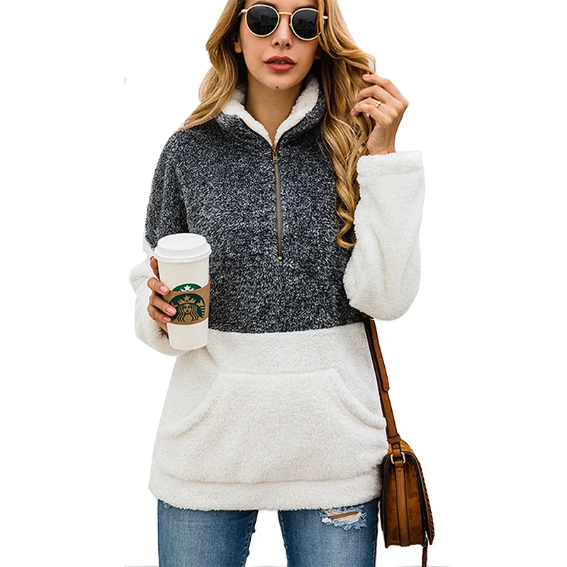 

Womens Fashion Patchwork Zipper Pocket Pullovers Hoodies Turtleneck Autumn Sweatshirt Lady Casual Winter Hoodie Streetwear