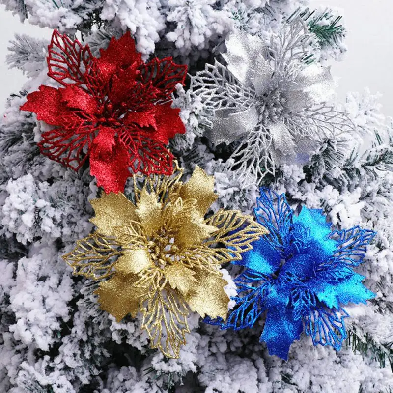 New 1pc Artificial Flowers For Christmas Decor Glitter Poinsettia Fake Flowers DIY Home Xmas New Year Decoration Flower Wedding