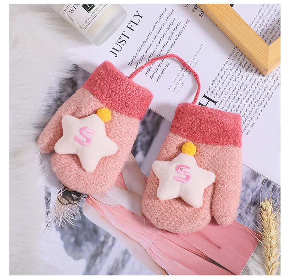 New Child Gloves 3-6 Years Old Cute Bear Cartoon Winter Knit Wool Newborn Mittens Velvet Thick Children's Kids Keep Finger Warm