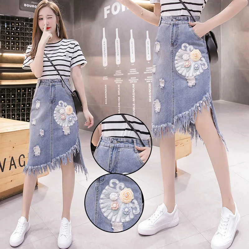

Embroidered Denim Skirt Mid-length 2019 Autumn New Style Korean-style Asymmetric Skirt Burrs with Holes Cowboy Skirt Fashion