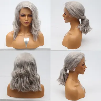 

Bombshell Short Loose Wave Bob Synthetic 13*3 Lace Front Wig Silver Grey Heat Resistant Fiber Hair Side Parting For Women Wigs