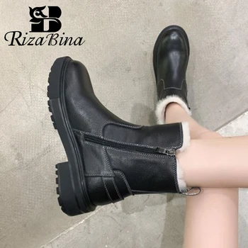 

RIZABINA Women Snow Boots Real Leather Warm Fur Plush Winter Shoes Woman Buckle Fashion Platform Short Boot Footwear Size 35-39