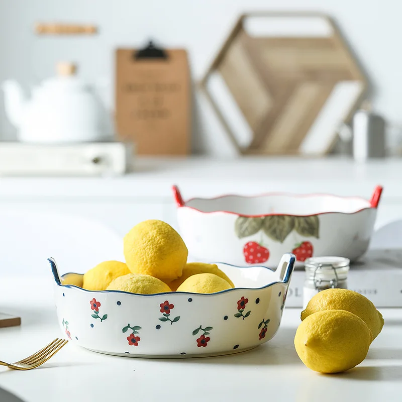 Nordic Kitchen Salad Bowl Baking Family Restaurant Fruit Plate Vegetable Hand Colored Two-eared