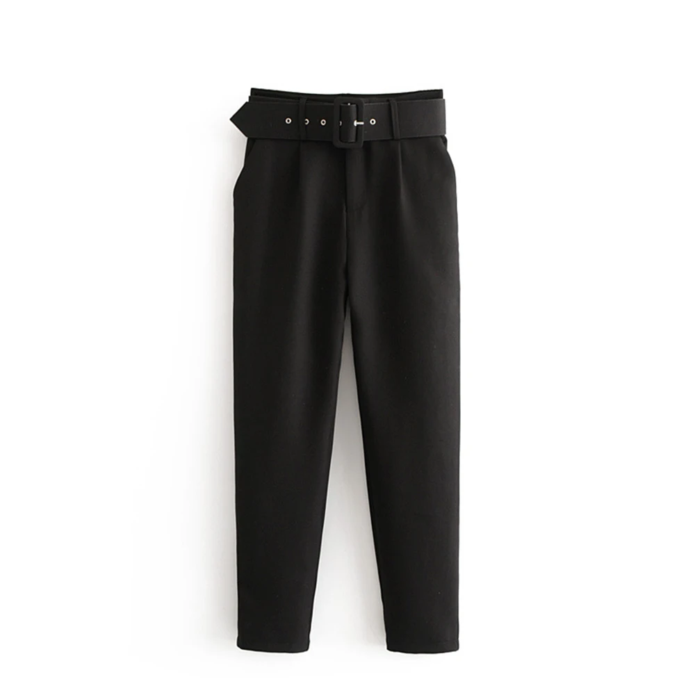 Oeak модные повседневные брюки женские одноцветные брюки с высокой талией офисные женские Брюки с карманами осенние черные длинные брюки среднего возраста