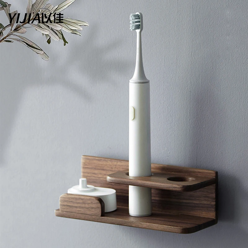 Wall Mounted Tumbler Holder Toothbrush Razor Wooden Bathroom Storage Accessories 